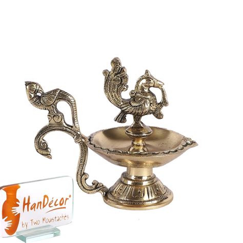 Twin Peacock Design Ethnic Curved Peacock Handle 5 Inches Brass Diya