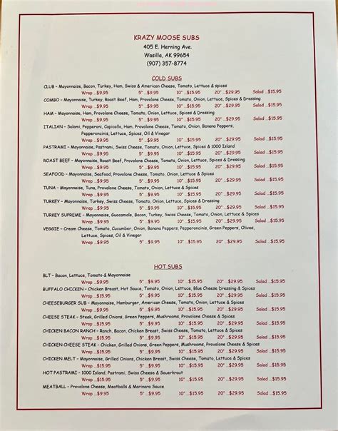 Online Menu of Krazy Moose Subs Restaurant, Wasilla, Alaska, 99654 - Zmenu