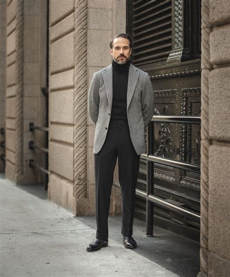 Gray Tweed Sport Coat With Black Turtleneck and Pants | He Spoke Style