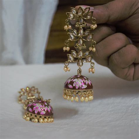3 Layer Polki Lotus Drop Festive Meenakari Jhumkas - Maroon