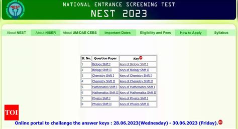 NEST 2023 answer key released on nestexam.in, direct link here - Times ...