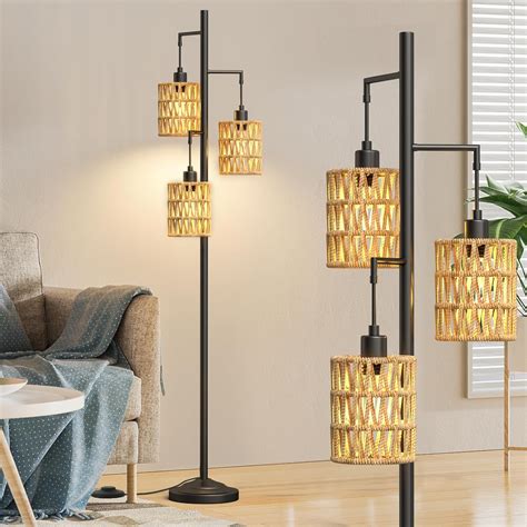 CNXIN 3 Lights Rattan Floor Lamps with ON/Off Foot Switch Tree Standing ...