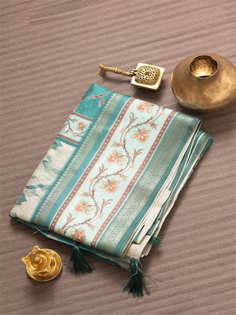 Women Teal Green Semi Tussar Printed Saree SS334