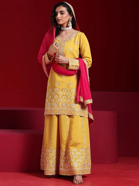 Buy Libas Art Yellow Embroidered Silk Blend Straight Suit With Dupatta ...