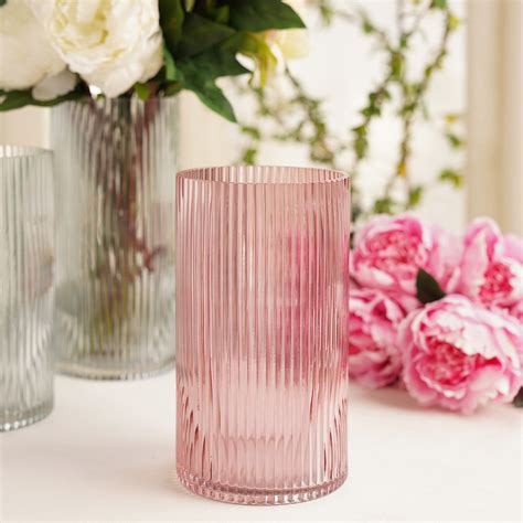 Pink Ribbed Straight Glass Vase - Small