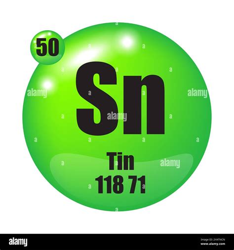 Green circle with periodic table element for Tin Sn, atomic number 50. Large black font with ...
