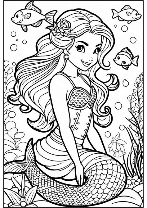 Superb mermaid and fish - Mermaid Coloring Pages for adults