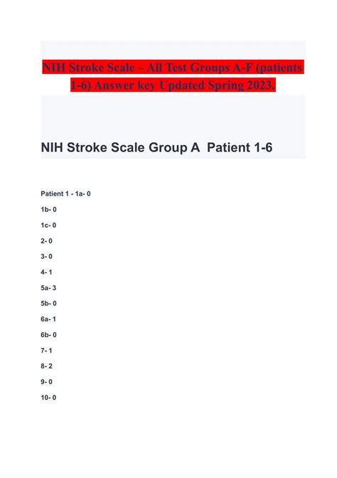 NIH Stroke Scale – All Test Groups A-F (patients 1-6) AND NIHSS ...