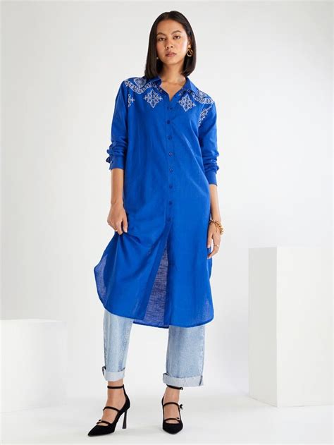 Buy Blue Embroidered Poplin Shirt Dress | VJ197S24/02/D/BLUE/VJ197 ...