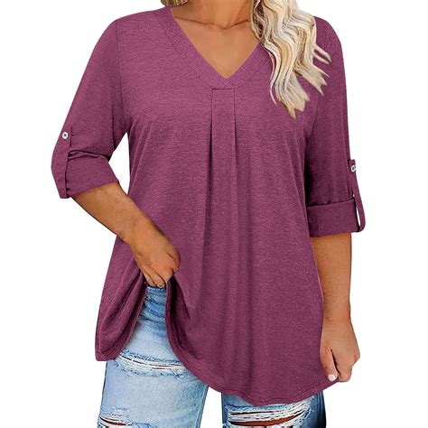 BXINGOHAI Plus Size Tops For Women Long Sleeves V Neck T-Shirts Loose ...