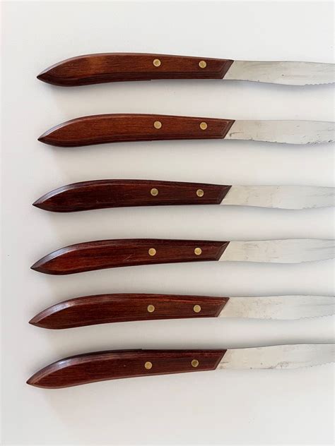 6 Vintage Steak Knives Dexter Russel MCM Wood Cutlery Stainless Knive ...