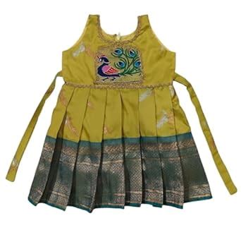 Buy Traditional Girls' Peacock Embroidered Frock, Yellow and Green ...