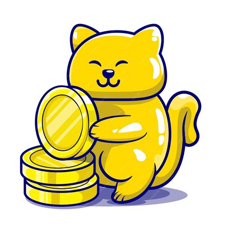 Premium Vector | Cute golden cat mascot holding gold coins