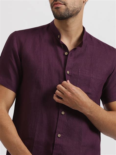 Trevor - Pure Linen Mandarin Collar Half Sleeve Shirt - Dark Purple ...