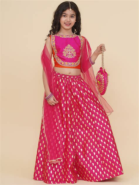 Bitiya by Bhama Girls Orange & Pink Embroidered Choli & Ready to Wear