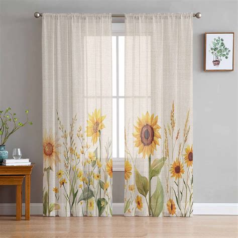 Spring Sunflowers Semi Sheer Curtains 96 Inch Length 2 Panels Set ...