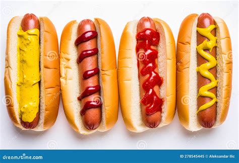 Hot Dogs with Ketchup and Mustard Isolated on White Background. Top ...