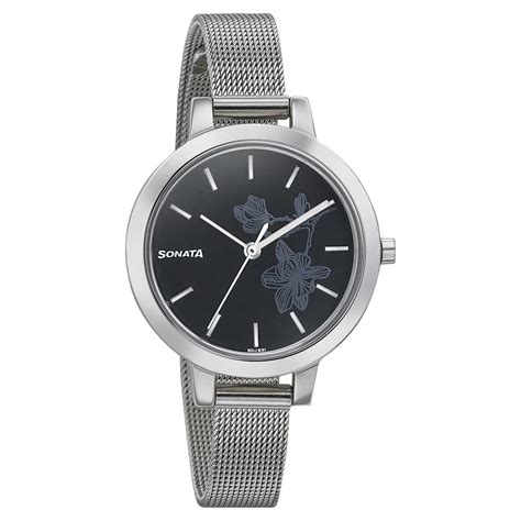 Buy Online Sonata Silver Lining Black Dial Women Watch With Stainless ...