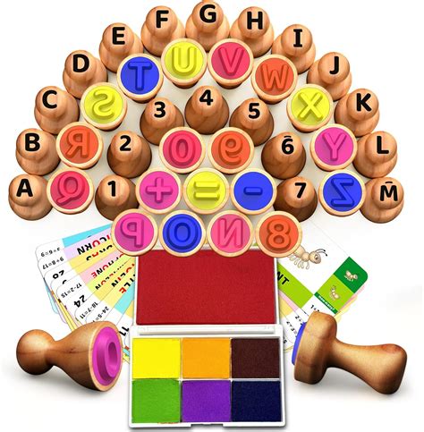 Amazon.com: UdoUto ‌Wooden Alphabet & Number Stampers Set with 7-Color ...