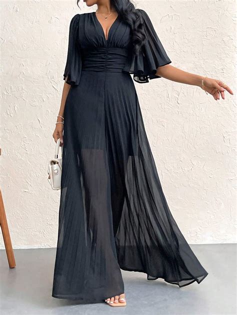 SHEIN Privé Women V-Neck Butterfly Sleeve Pleated Jumpsuit With Elastic ...