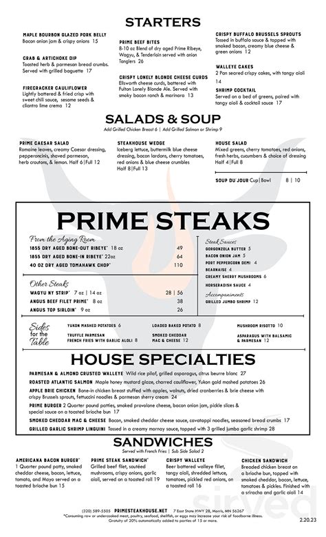 Menu - Morris MN's Prime Steakhouse | Sirved