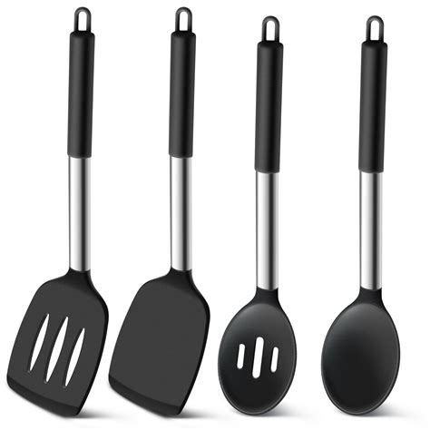 Homikit Black Kitchen Utensil Set, 4Pcs Silicone Turners Spoons for ...
