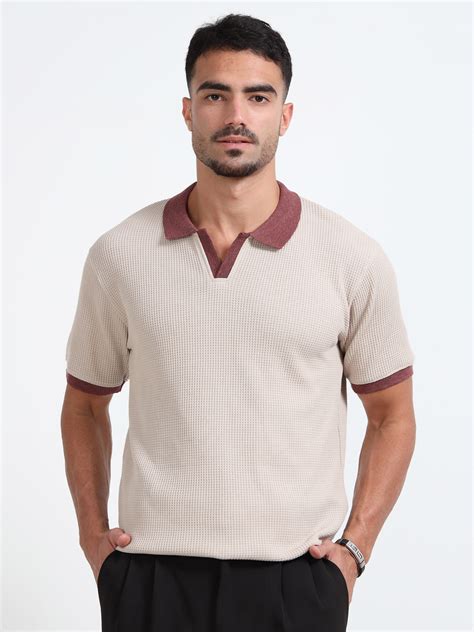 Textured Polo T-Shirt (Beige- Red)