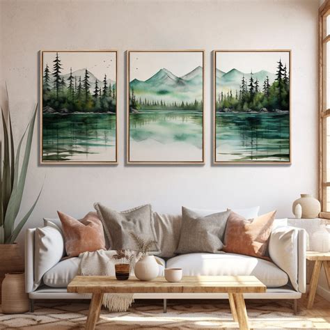3 Panel Framed Canvas Print Wall Art Set of 3 Emerald Green Mountain ...