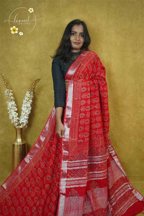RCS1062 Deep Madder Red Hand Block Printed Linen Cotton Saree – Loomet ...