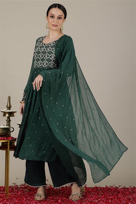 Buy Forest Green Dori Embroidered Naira Cut Kurta, Palazzo and Stole ...