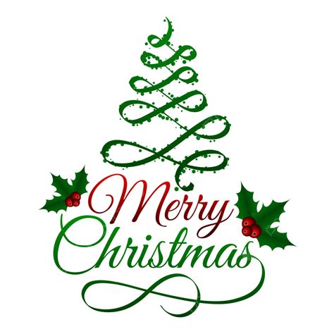 Merry Christmas Lettering Tree And Holly Leaves Decorative, Christmas ...
