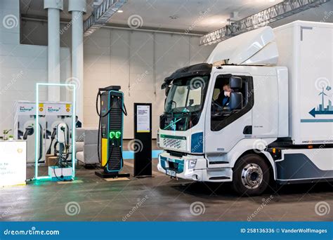Volvo FL Electric Truck at a EV Charging Station at the Hannover IAA ...
