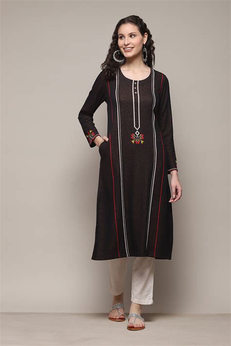 Buy Black Polyester Straight Yarndyed Kurta Online at Biba India