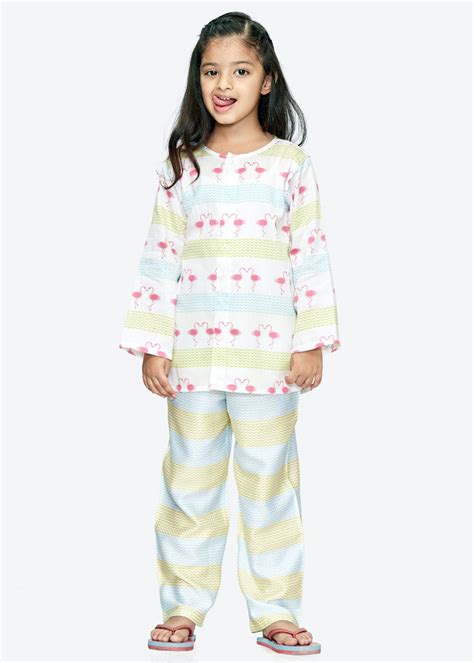 Get Two-Tone Striped & Flamingo Printed Nightsuit Set at ₹ 1630 | LBB Shop