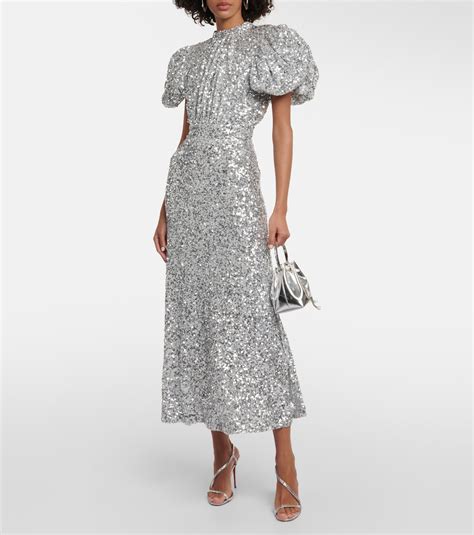 Puff-sleeve sequined midi dress in silver - Rotate | Mytheresa