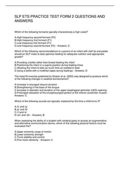 SLP ETS PRACTICE TEST FORM 2 QUESTIONS AND ANSWERS - SLP ETS - Stuvia US
