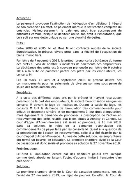 TD 6 - Professeur : M. LEBOEUF - Accroche : La paiement provoque l’extinction de l’obligation d ...
