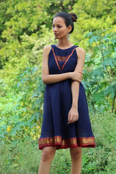 Navy Blue Boho Style Flared Dress made from an Indian Saree - Mogra Designs