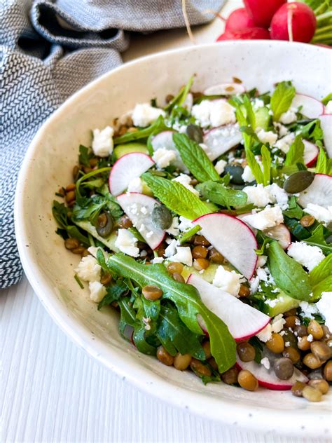 Lentil Salad with Feta, Cucumber, Radish, and Mint - Mixin Mamas