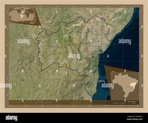 Bahia, state of Brazil. Low resolution satellite map. Locations and names of major cities of the ...