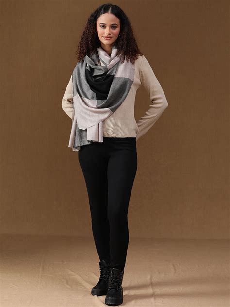 Buy Neutral Grey Wool & Cashmere Checked Winter Stole Merinomere | Online