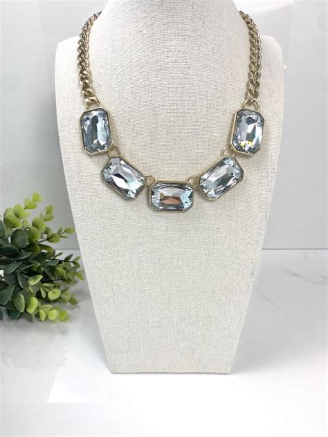 VINTAGE Estate VCLM Emerald Cut Chunky Clear Crystals Statement Chain ...