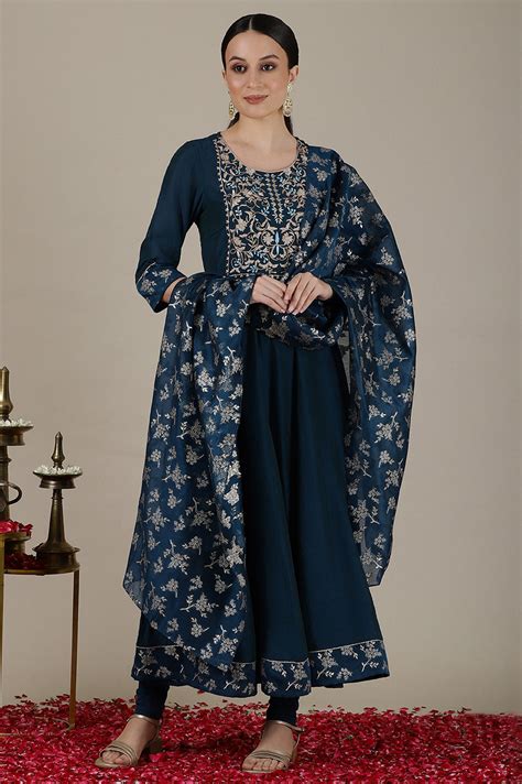 Buy Teal Gota Patti Embroidered Anarkali Kurta, Churidar and Jacquard ...