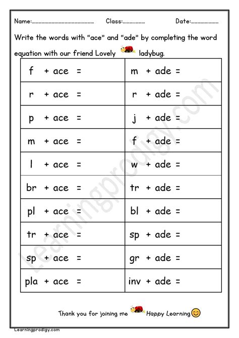 Free Printable ACE and ADE Word Family Worksheet For Grade One ...