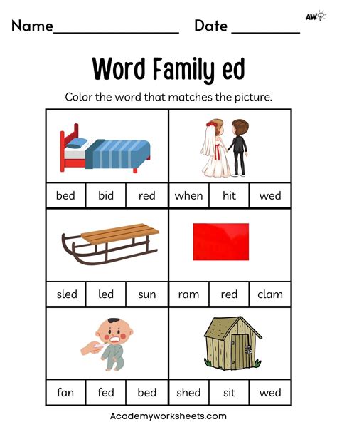 Free Word Family Worksheets - Short e - Academy Worksheets