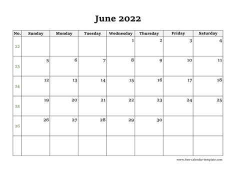 Simple June Calendar 2022 large box on each day for notes. | Free ...
