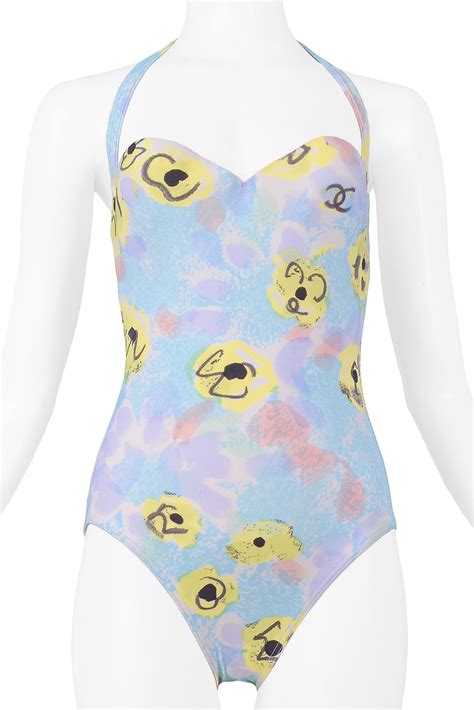 Vintage Chanel Blue Floral One Piece Halter Swimsuit 1997 at 1stDibs