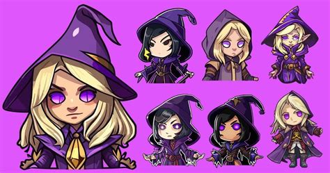 Set of witch sorcerer with purple costume expression stickers or badges ...