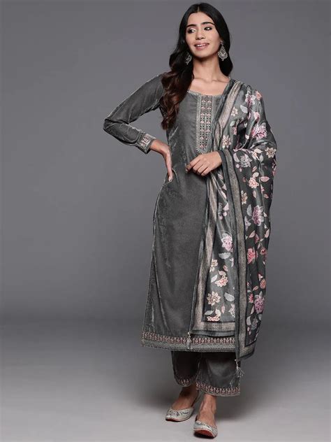 Buy Grey Yoke Design Velvet Straight Suit With Dupatta Online at Rs ...