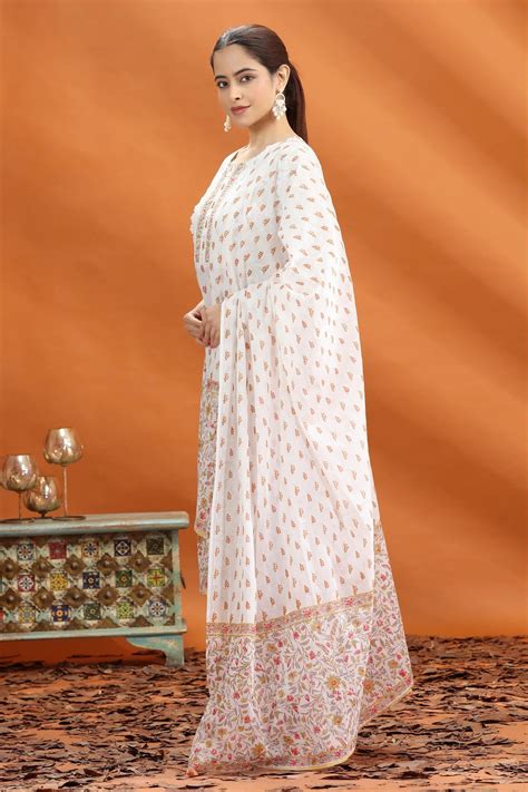 Off White & Yellow Jaipuri Cotton Straight Printed Kurta Pant and Dupa ...